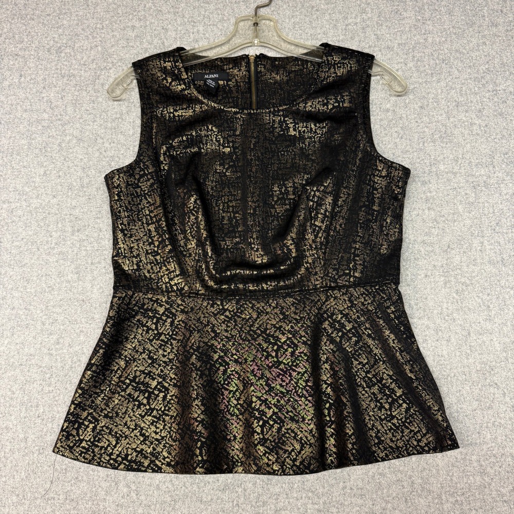 Alfani | Peplum Top | XS | Black Gold | Metallic Foil Sleeveless Holiday Zipper